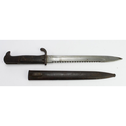 1485 - German KS98 sawback bayonet with scabbard, blade maker marked 'Erfurt' and 'W04' under crown. Crossg... 