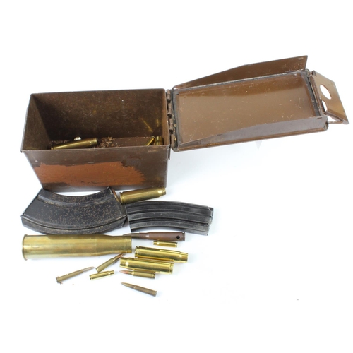 1524 - Ordinance ammo box of mixed military gun parts, grenades, shell cases etc. (Buyer collects)