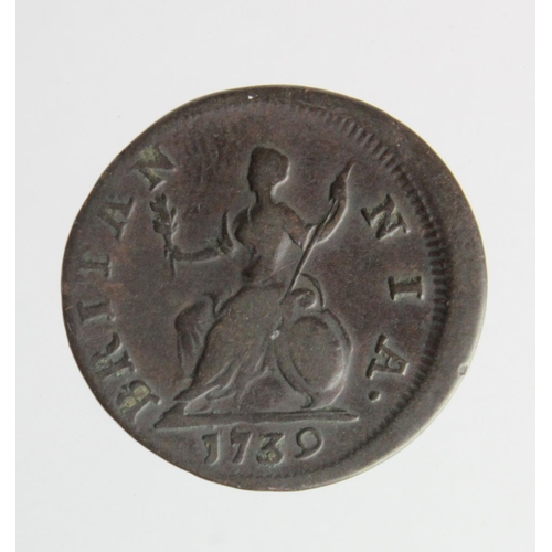 158 - Farthing 1739 off-centre mis-strike Fine.