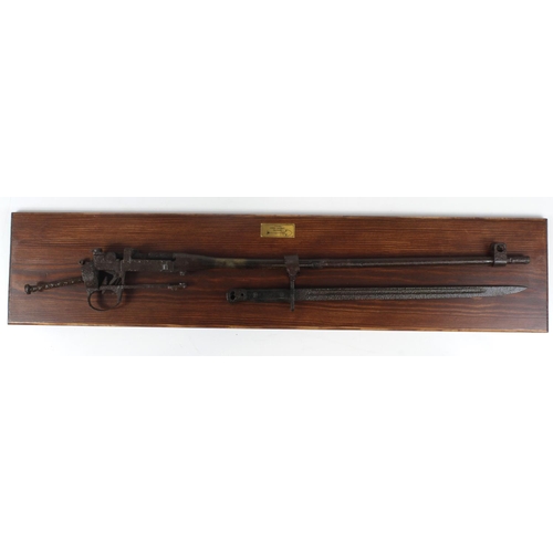 1581 - WW1 Ypres Relic British SMLE Rifle & Bayonet Mounted onto Wood. (Buyer collects)