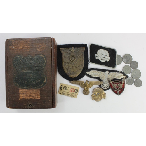 1623 - German badges, buttons, SS items, Krim Shield, etc in small cigar box. (Qty)