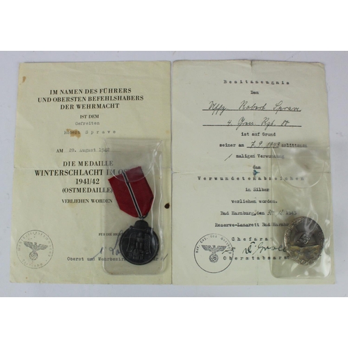 1635 - German Eastern Front Medal & Silver Wound Badge with Certificates Awarded to the same soldier. With ... 