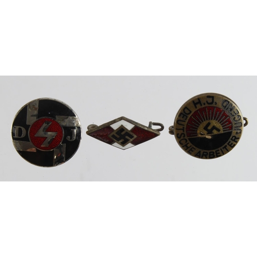 1650 - German Hitler Youth Diamond, RZM marked, a DJ Youth badge and HJ Arbeiter Youth badge