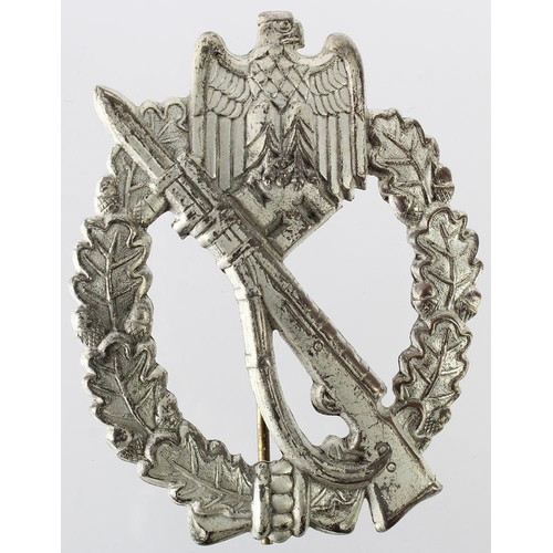 1653 - German Infantry Assault badge in silver grade, lighter weight example for combat wear, most finish i... 