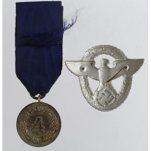 1700 - German Nazi Army 4 Year Service Medal with eagle emblem to ribbon, with a Nazi Police Badge (one pin... 