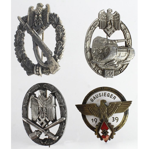 1704 - German Nazi Breast Badges inc Hitler Youth Gausieger 1939 with some enamel damage. (4)