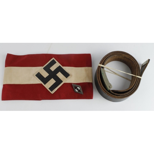 1718 - German nazi Hitler Youth arm band and junior league belt and badge.