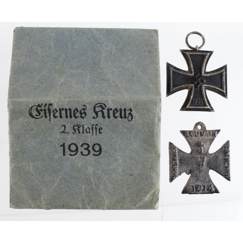 1723 - German Nazi Iron Cross 2nd Class in original packet, no ribbon. Medal maker marked '55'. With a 1914... 