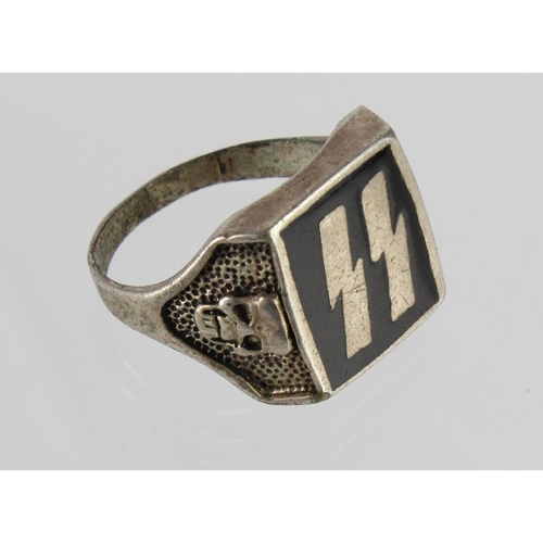 1800 - German SS Finger ring, silver (untested) & black enamel, various markings inc G&S