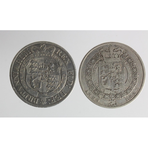 189 - Halfcrowns (2): 1818 GF scratches, and 1823 garter, Fine.