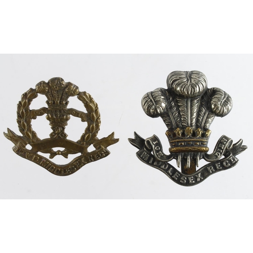 1919 - Badges Middlesex Regiment 2x cap badges, 1st V.Bn and a POW Feathers version