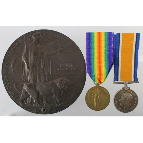 1982 - BWM & Victory Medal + Death Plaque to G-24419 Pte George Glanfield Middlesex R. Killed In Action 26/... 