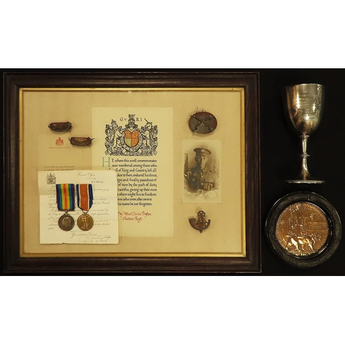 1984 - BWM & Victory Medal named 33629 Pte A D Bufton KSLI. Death Plaque in contemporary frame Alfred Davie... 