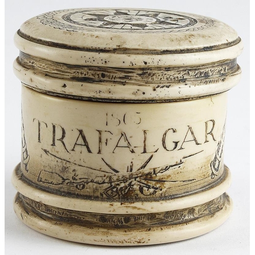 2126 - Nelson interest a small pot with Trafalgar 1805 inscription and outline of HMS Victory etc