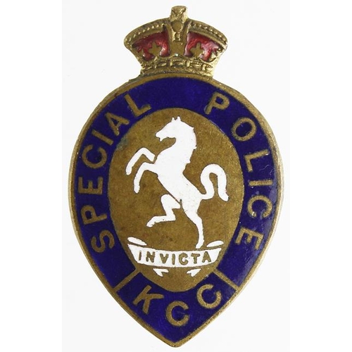 2155 - Police - Kent County Constabulary, WW1 Special Police brass & enamel badge with crescent lapel fitti... 