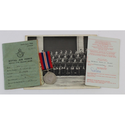 2186 - RAF Service and Release book with War medal group photo etc., to 3000462 Lac D M Blake RAF Fitter. E... 