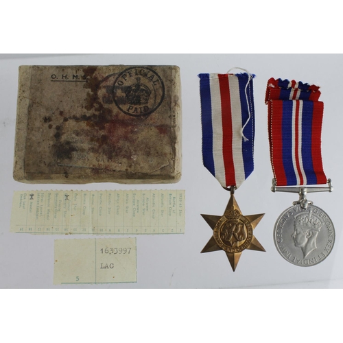 2192 - RAF WW2 group to 1633997 LAC J Adams (?) Esq, lived Over, Cambs. France & Germany Star, War Medal.