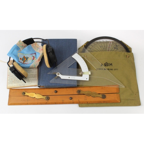 2195 - RAF WW2 navigators items including AM marked 1943 Parallel rules with circular protractor in its 194... 