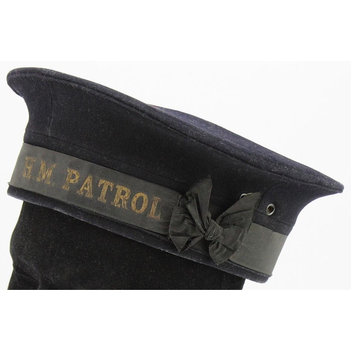 2212 - Royal Navy WW2 Ratings Cap in dark blue with HM PATROL Cap Ribbon Tally.