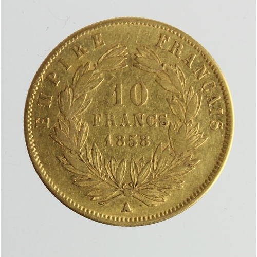 343 - France gold 10 Francs 1858A, GF