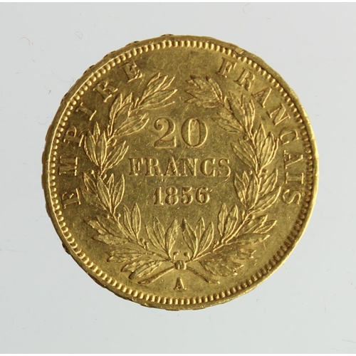 344 - France gold 20 Francs 1856A, VF with a couple of light edge taps.