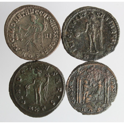 528 - Roman Imperial AE folles (4): Maxentius, Roma presenting globe within temple rev., porous GF; Diocle... 