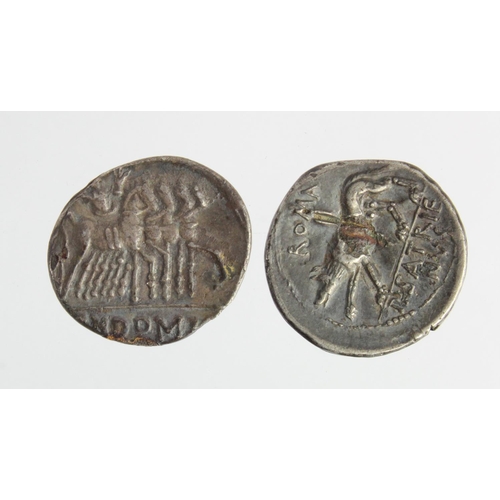 564 - Roman Republican silver denarii (2): P. Satrienus c.77 BC, hd. of Mars r. XVIIII. / She-wolf l. A te... 