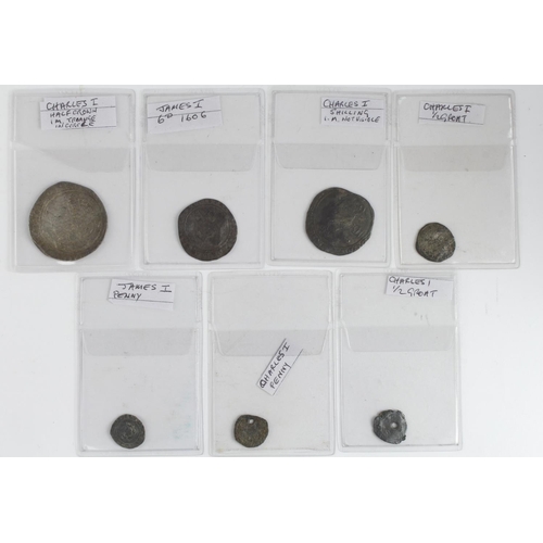 586 - Stuart hammered silver (7) James I and Charles I assortment, penny to halfcrown various, Fair to GF,... 