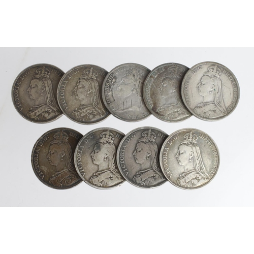 664 - GB Crowns (9) 1821 to 1892, Fair ex-mount, to GF