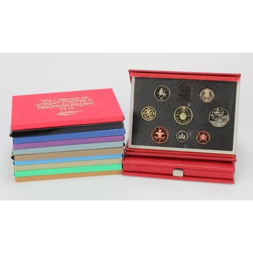 717 - GB Royal Mint Proof Sets (12) 'flat packs' 1971 to 1982 various, plus 2x red deluxe: 1988 and 1994.