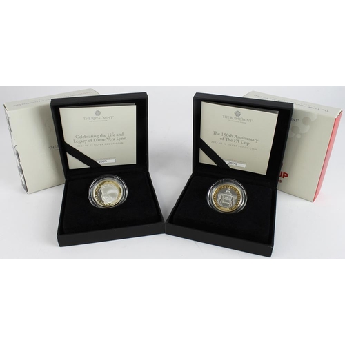 729 - GB Royal Mint silver proof £2 coins (2): Dame Vera Lynn 2022, and FA Cup 150 Years 2022; FDC cased w... 