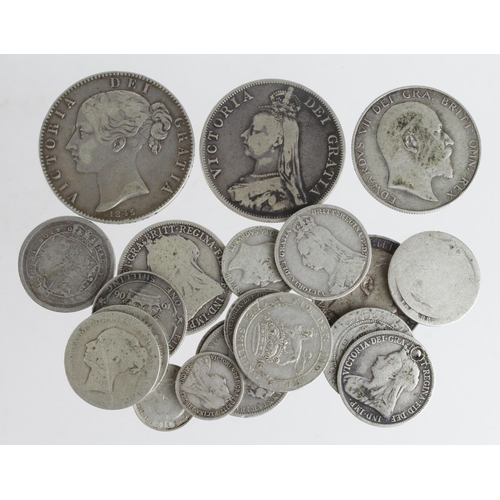 744 - GB Silver (21) pre-20 assortment, mixed grade, noted Crown 1845 cinquefoils Fine etc.