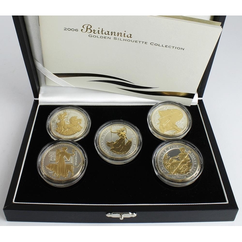 779 - Royal Mint: 2006 Britannia Golden Silhouette Collection: 5x frosted and gilt silver proof Britannias... 