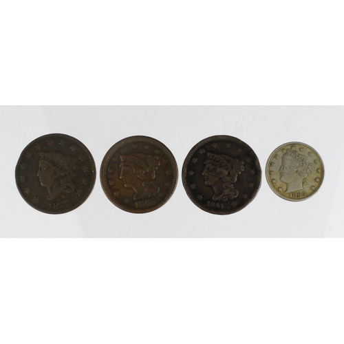 793 - USA (4): Nickel 5 Cents 1905 VF; Large Cents: 1827 VG, 1841 Fine, edge knocks, and 1845 GVF