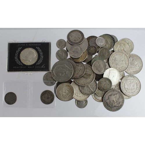 794 - USA (66) 19th-20thC assortment including silver, noted Quarter 1857 GVF, silver dollars, etc.