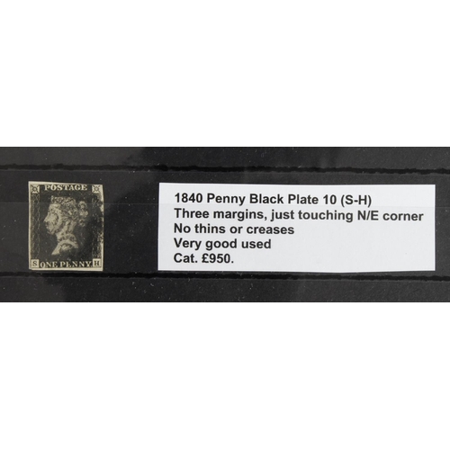 823 - GB - 1840 Penny Black Plate 10 (S-H) three margins, just touching N/E corner, no thins or creases, v... 