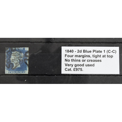 844 - GB - 1840 Two Penny Blue Plate 1 (C-C) four margins, tight at top, no thins or creases, very good us... 