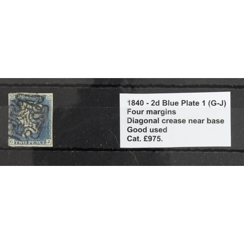 845 - GB - 1840 Two Penny Blue Plate 1 (G-J) four margins, diagonal crease near base, good used, cat £975