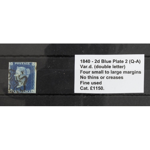 850 - GB - 1840 Two Penny Blue Plate 2 (Q-A) Var.d. (double letter) four small to large margins, no thins ... 