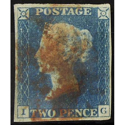 851 - GB - 1840 Two Penny Pale Blue Plate 1 (I-G) four margins, no thins or creases, very good used, cat £... 