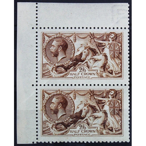 870 - GB - GV 1913 2/6 Seahorse corner marginal pair, DLR printing, SG405, deep-yellow brown. Diagonal cre... 