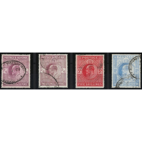 873 - GB - KEDVII 1902 High Values 2/6 x2, 5s and 10s, SG261, 262, 264 and 265. Cds or light parcel cancel... 