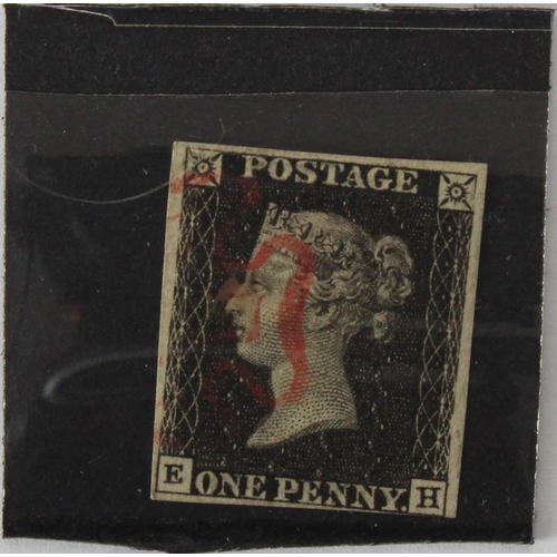 919 - GB 1840 1d Penny Black (E-H) identified as likely Plate 6, 4 margins, no tears thins or creases, red... 