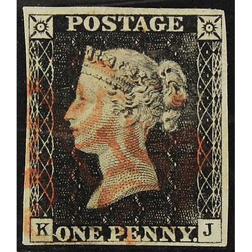 920 - GB 1840 1d Penny Black (K-J) identified as likely Plate 2, 4 margins, no tears thins or creases, red... 