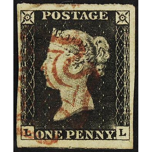 922 - GB 1840 1d Penny Black (L-L) identified as likely Plate 1b, almost 4 margins but close at lower-righ... 