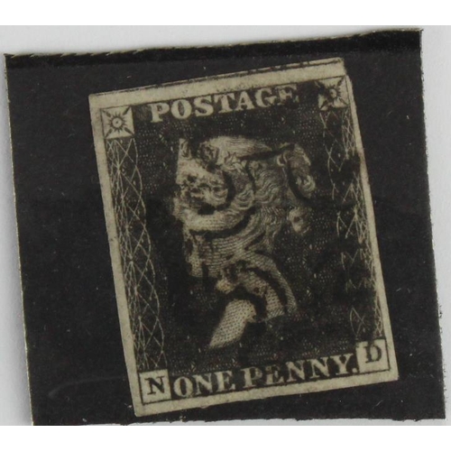 923 - GB 1840 1d Penny Black (N-D) identified as likely Plate 9, 4 margins, no tears thins or creases, bla... 