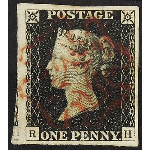 927 - GB 1840 1d Penny Black R-H) identified as likely Plate 1b, 4 margins and part of adjoining stamp, no... 