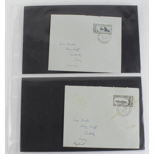 971 - Falkland Islands KGVI 1952 high values on covers, SG184 10s grey, and SG185 £1 black (light foxing t... 