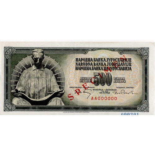 1070 - Yugoslavia 500 Dinara dated 1st August 1970, SPECIMEN note trace number 000301, diagonal overprint '... 