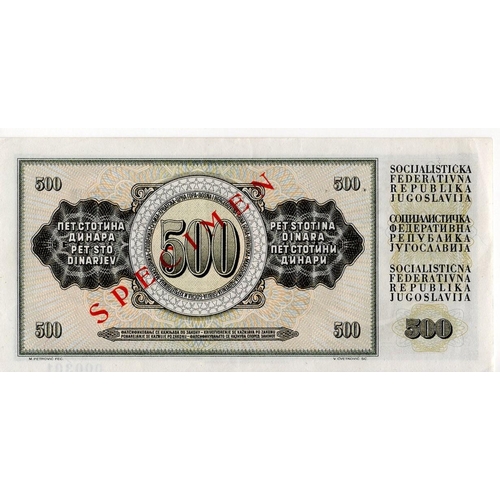 1070 - Yugoslavia 500 Dinara dated 1st August 1970, SPECIMEN note trace number 000301, diagonal overprint '... 